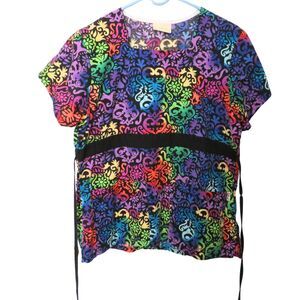 Tafford Scrub Top Sz XS Colorful Square Neckline With 2 Large Pockets, Tie
